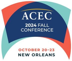 A colorful graphic promoting the ACEC 2024 Fall Conference taking place in New Orleans from October 20-23. The design features a dark blue arch with "ACEC 2024 Fall Conference" and a lower banner with the event dates and location.
