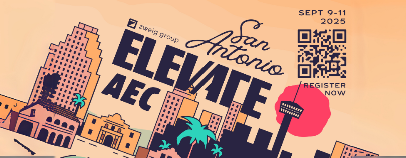 Colorful illustrated poster for the 2025 Zweig Group Elevate AEC event in San Antonio, featuring city buildings, palm trees, a QR code, and the event dates: September 9-11, 2025.