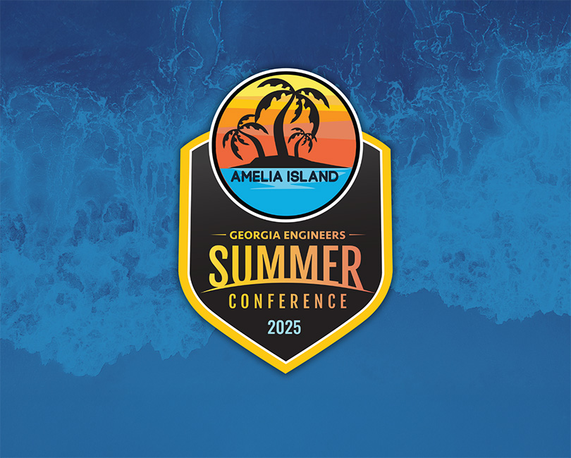 A colorful badge logo for the Georgia Engineers Summer Conference 2025 at Amelia Island is set against an ocean wave background. The badge features palm trees and a sunset in orange, yellow, and blue hues.