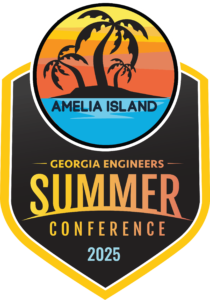 Logo for the Georgia Engineers Summer Conference 2025, featuring stylized palm trees, a sunset, and the words "Amelia Island" above a shield-shaped design with event details.