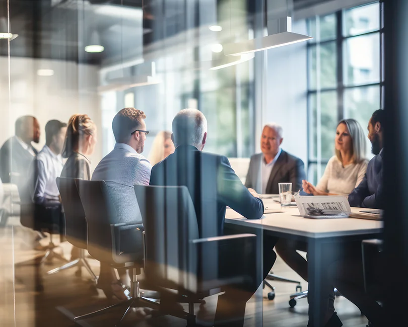 A diverse group of individuals are seated around a conference table in a modern office, engaged in a meeting. Large windows let in natural light, and the room has a professional atmosphere with glass walls and contemporary furnishings.