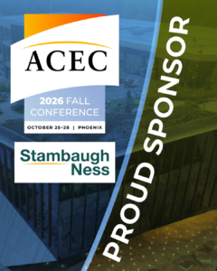 Promotional graphic announcing Stambaugh Ness as a proud sponsor of the 2026 ACEC Fall Conference, held October 25–28 in Phoenix, Arizona, set against an aerial view of a modern building with green rooftops.