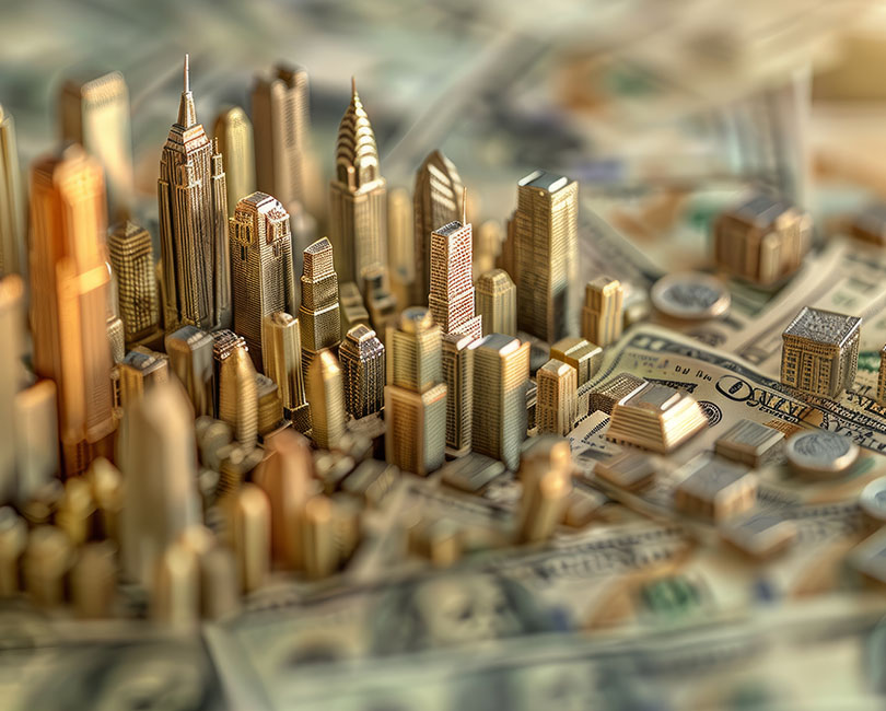 A miniature city skyline made of gold-colored buildings is placed on a background of blurred US dollar bills, symbolizing the intersection of finance and urban development.