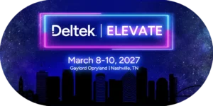 Promotional graphic for the Deltek Elevate conference, featuring the event logo, the dates March 8-10, 2027, and the location Gaylord Opryland in Nashville, TN, set against a neon blue and purple starry night sky over a black city skyline silhouette.