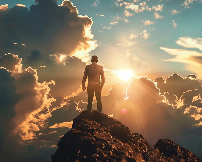 A person stands on a rocky peak, facing a dramatic sunset with silhouetted clouds.