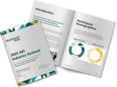 A report titled "2025 AEC Industry Outlook" is shown. One cover page and two open pages are visible, containing sections on introduction and participant demographics from the industry survey, with charts depicting types and sizes of firms.