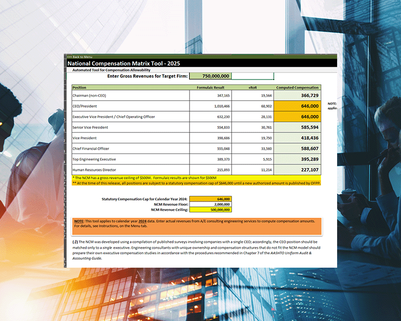 Discover the 2025 National Compensation Matrix (NCM) by Stambaugh Ness. With a sleek spreadsheet preview and silhouettes of business leaders against an urban skyline, our ad invites you to "Download Now" for strategic advantage.