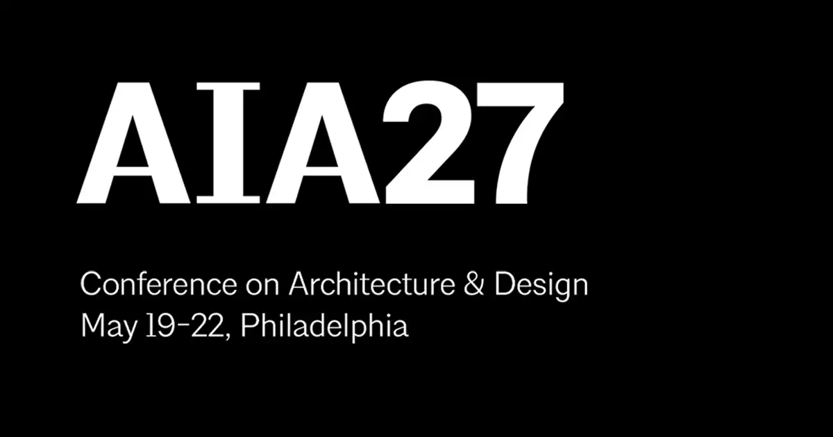 Large white text reading "AIA27" on a solid black background, with smaller text below reading "Conference on Architecture & Design, May 19–22, Philadelphia".