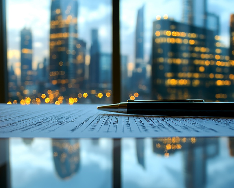 Documents and pens on a table with a blurred cityscape through a window in the background.