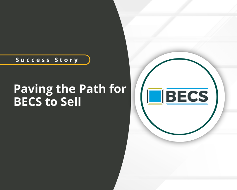 A slide with a black section on the left, featuring the text "Success Story" and "Paving the Path for BECS to Sell" alongside a "Read More" button. On the right is the BECS logo with geometric shapes and text.