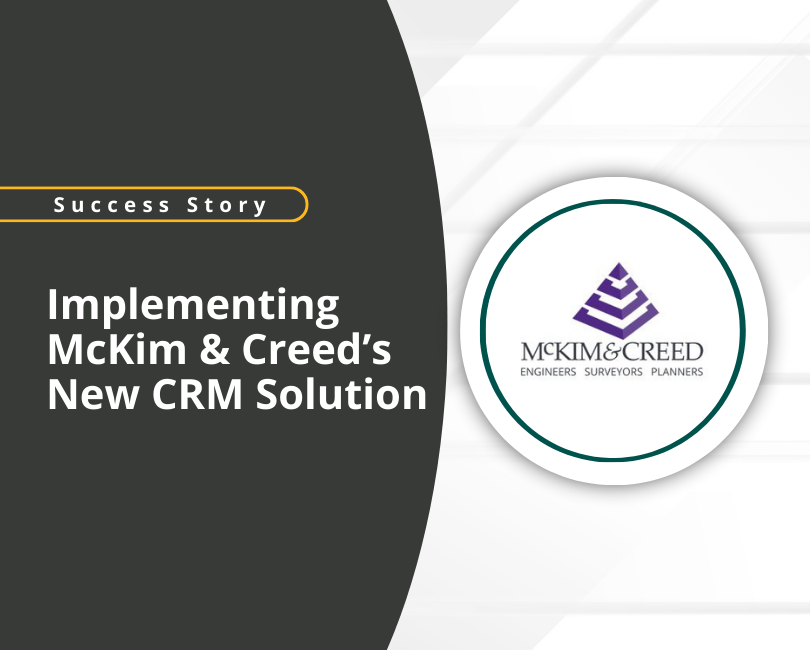 A digital banner titled "Success Story" about implementing McKim & Creed's new CRM solution. Includes the McKim & Creed logo, with a purple geometric design and text below. A "Read More" button is on the left.