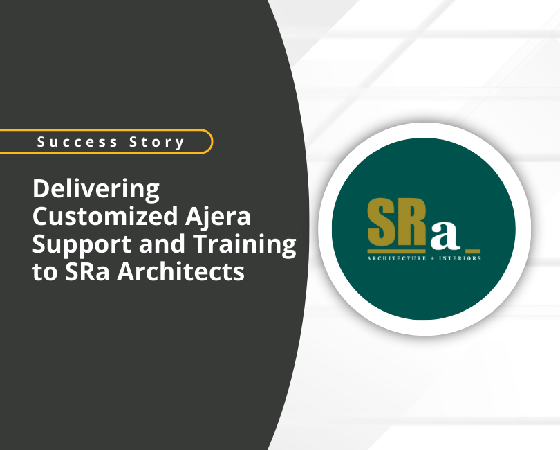 Promotional graphic featuring the text "Success Story: Delivering Customized Ajera Support and Training to SRa Architects" with a "Read More" button. The SRa logo is displayed on the right against a white background.