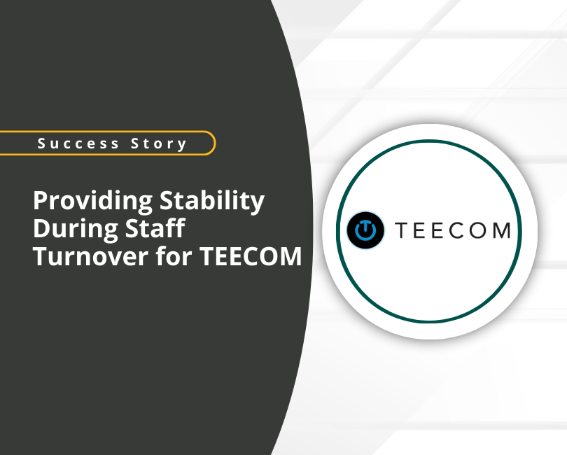 Graphic with the text "Success Story: Providing Stability During Staff Turnover for TEECOM." Features the TEECOM logo, a teal power symbol, and a "Read More" button on a black and gray background.