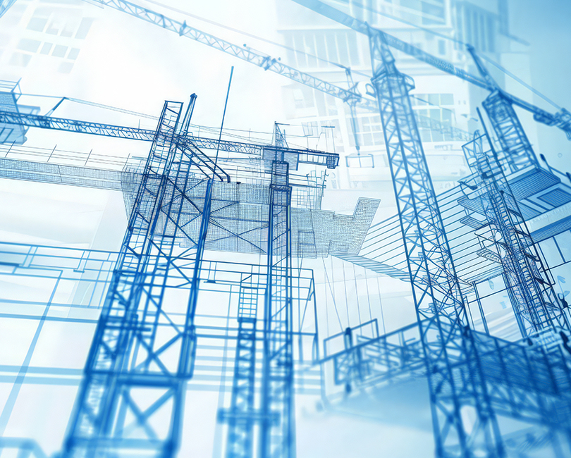 Digital rendering of construction cranes and building structures, blending blueprints with real elements, illustrating urban development and architectural planning in a modern, abstract style.