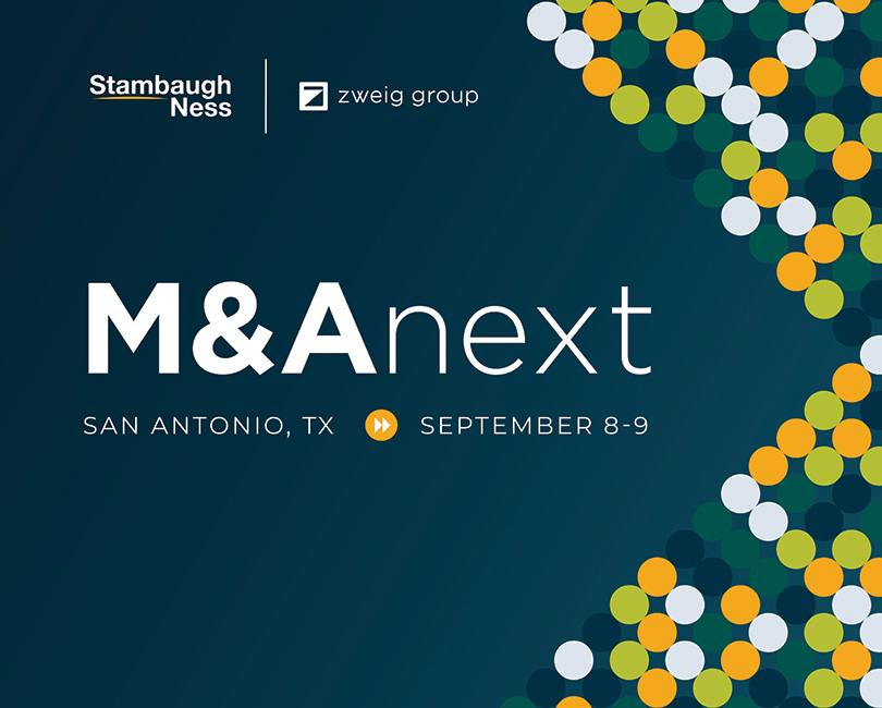 Stylized graphic with the text "M&A next" on a dark blue background, alongside an arrow made of multicolored dots in green, yellow, white, and orange pointing to the right.