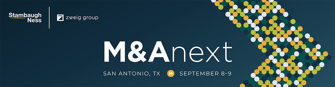 Banner with the text "M&A Next Symposium" presented by Zweig Group and Stambaugh Ness, featuring a large arrow shape made of interlocking green, yellow, and white dots on a dark blue background.
