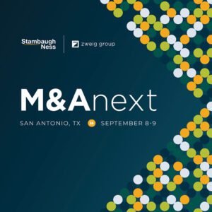 Stylized graphic with the text "M&A next" on a dark blue background, alongside an arrow made of multicolored dots in green, yellow, white, and orange pointing to the right.
