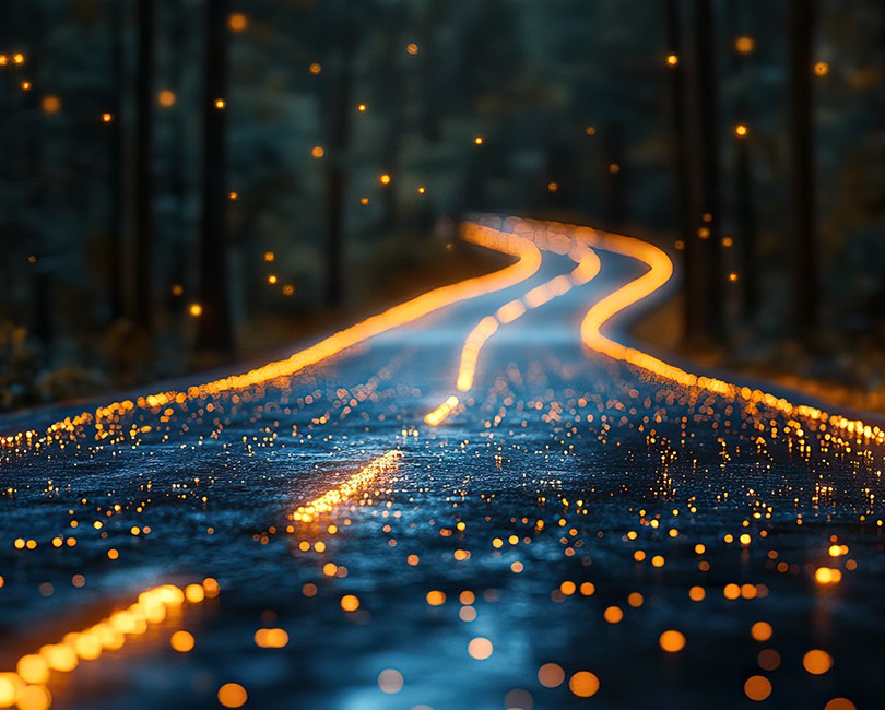 A winding road through a forest at night is illuminated by glowing orange lights and dotted with small glowing orbs.