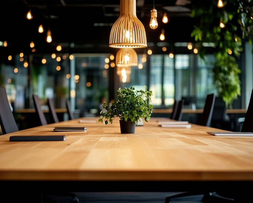 A modern conference room with a central wooden table, decorated with a small potted plant. Hanging lights create a warm ambiance. Text overlay reads, "Selling Your Legacy: An AEC Founder's Experience with Private Equity." Branding reads "Stambaugh Ness.