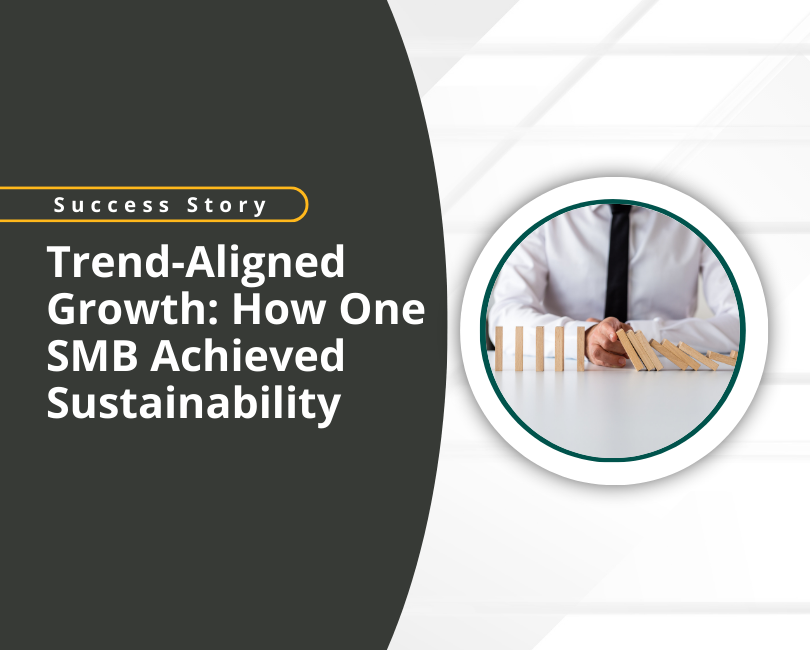 A graphic with the text "Success Story: Trend-Aligned Growth: How One SMB Achieved Sustainability." A person in business attire stops falling dominoes, symbolizing stability. A yellow "Read More" button is at the bottom left