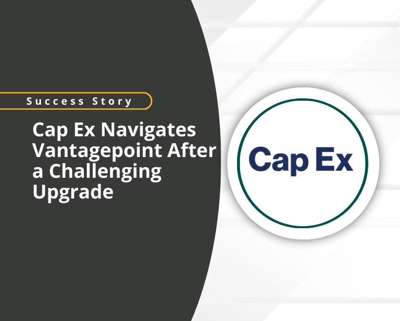 Banner with text: "Success Story. Helping Cap Ex Navigate Vantagepoint After a Challenging Upgrade." A round Cap Ex logo is on the right. A yellow "Read More" button is below the main text.