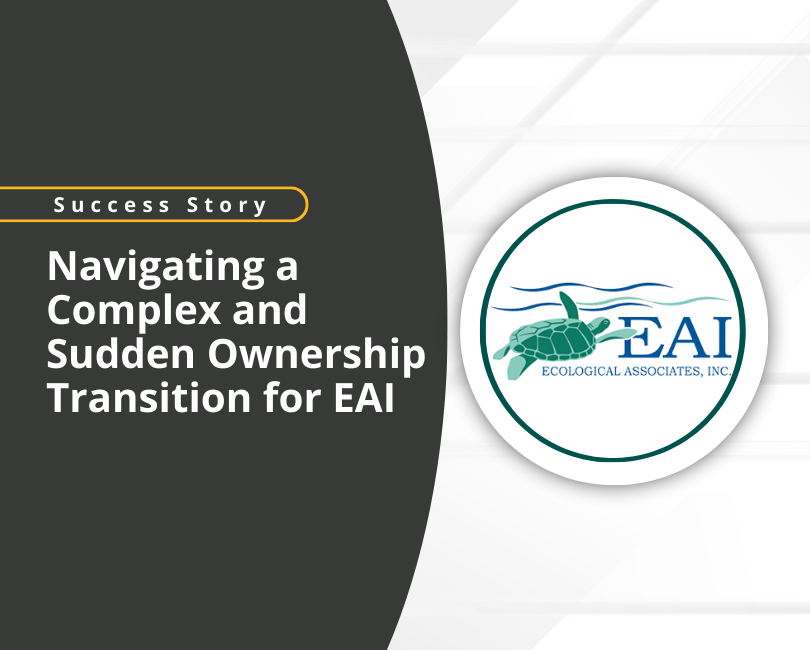 A graphic with the title “Success Story: Navigating a Complex and Sudden Ownership Transition for EAI,” next to the EAI logo featuring a turtle, and a yellow “Read More” button below the text.