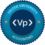 A circular blue badge with scalloped edges, featuring "DELTEK UNIVERSITY" at the top, "Vantagepoint'