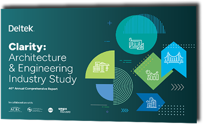 Cover of the Deltek Clarity: Architecture & Engineering Industry Study, 46th Annual Comprehensive Report, featuring icons of buildings, charts, and a bridge on a blue and green geometric background.