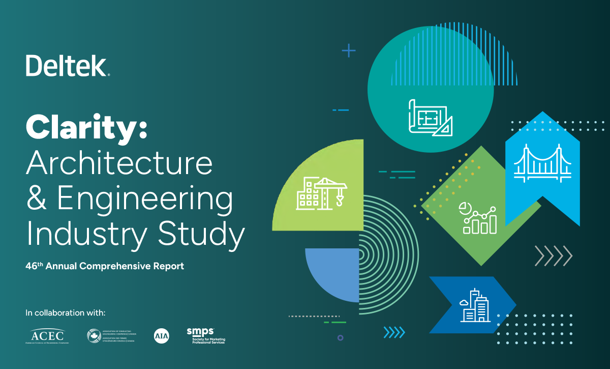 Cover of the Deltek Clarity: Architecture & Engineering Industry Study, 46th Annual Comprehensive Report, featuring icons of buildings, charts, and a bridge on a blue and green geometric background.