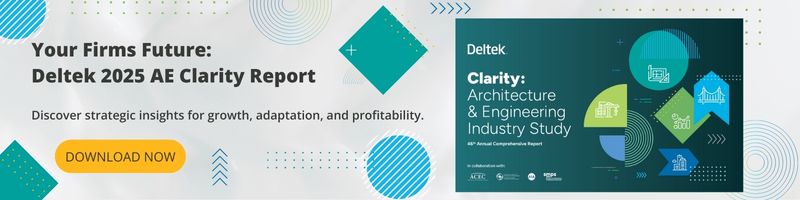Banner promoting the Deltek 2025 AE Clarity Report, featuring geometric shapes, a button labeled "Download Now," and text about strategic insights for growth, adaptation, and profitability in architecture and engineering