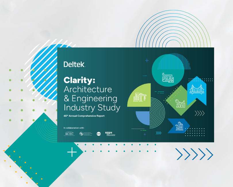 A promotional graphic for the 46th Deltek Clarity AE Study: 2024 Insights, highlighting key areas for AE firms—AI adoption, profitability, proposal strategy, and budgeting—with a "Download Now" button.