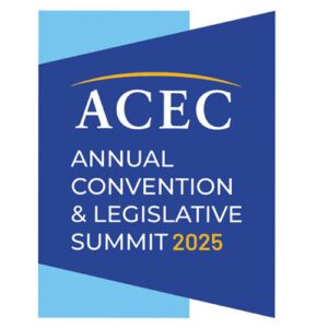 Logo for the ACEC Annual Convention & Legislative Summit 2025, featuring white and yellow text on blue geometric shapes with a curved yellow line above "ACEC"