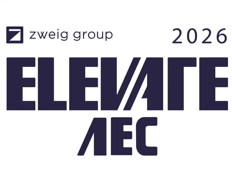 Dark blue logo with the text "zweig group 2024" above the bold, stylized words "ELEVATE AEC." The letter “V” in "ELEVATE" extends into a diagonal line through the design.