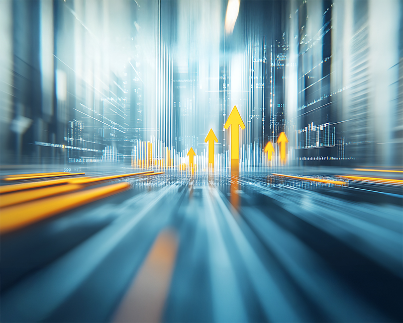 A digital illustration of upward-pointing yellow arrows among abstract city buildings, symbolizing financial growth, progress, or rising market trends, with a futuristic blue and gray color scheme.