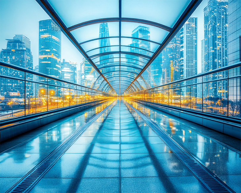 A futuristic glass tunnel walkway with a curved roof and reflective floor, set amidst tall, modern city skyscrapers glowing with blue and yellow lights.