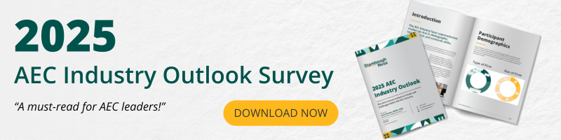  A banner promoting the "2025 AEC Industry Outlook Survey" with an image of an open report. Text reads, “A must-read for AEC leaders!” and features a yellow “Download Now” button.