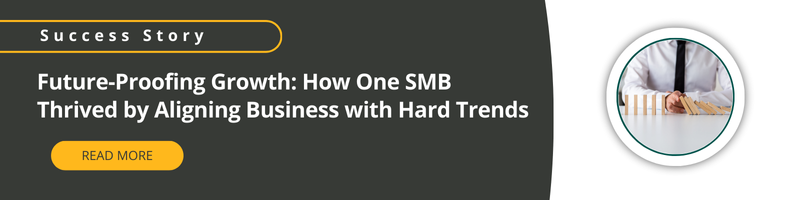  A banner with the text: "Success Story. Future-Proofing Growth: How One SMB Thrived by Aligning Business with Hard Trends." Includes a "Read More" button and an image of a person in business attire sitting at a desk.