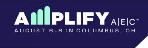  Logo and event info reading "AMPLIFY A|E|C, August 6-8 in Columbus, OH" on a dark blue background, with the first "A" stylized as three vertical teal bars increasing in height.