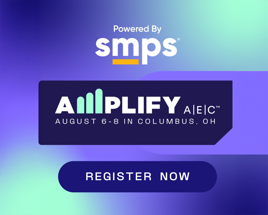 A graphic reading: "Powered by SMPS, AMPLIFY AE|C, August 6-8 in Columbus, OH. Register Now" on a purple and blue background.