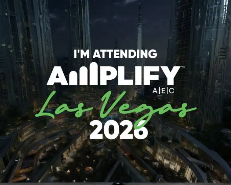 Event graphic featuring a dark, futuristic overhead view of a cityscape at night with tall skyscrapers. Superimposed text reads 'I'M ATTENDING' above the white 'AMPLIFY A|E|C' logo, where the 'M' is stylized as four vertical white bars of varying heights. Below the logo, 'Las Vegas' is written in a vibrant green cursive script, followed by '2026' in bold white text.