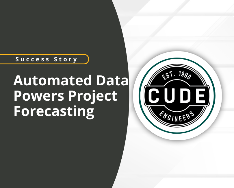 A promotional graphic with the title "Success Story: Automated Data Powers Project Forecasting" and a "Read More" button, alongside a black and white circular logo for CUDE Engineers, established in 1980.