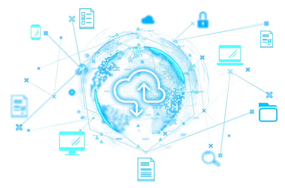 Cloud storage concept showing a glowing cloud icon connected to various digital file symbols within a global network on a white background