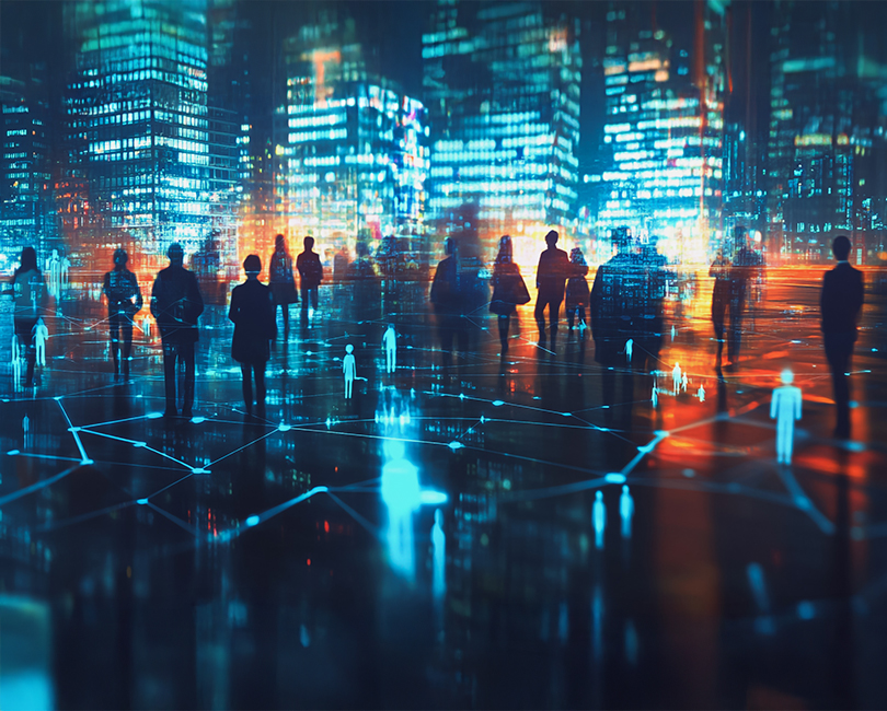 Silhouettes of people stand on a reflective surface with a digital network overlay, set against a backdrop of brightly lit city buildings at night.