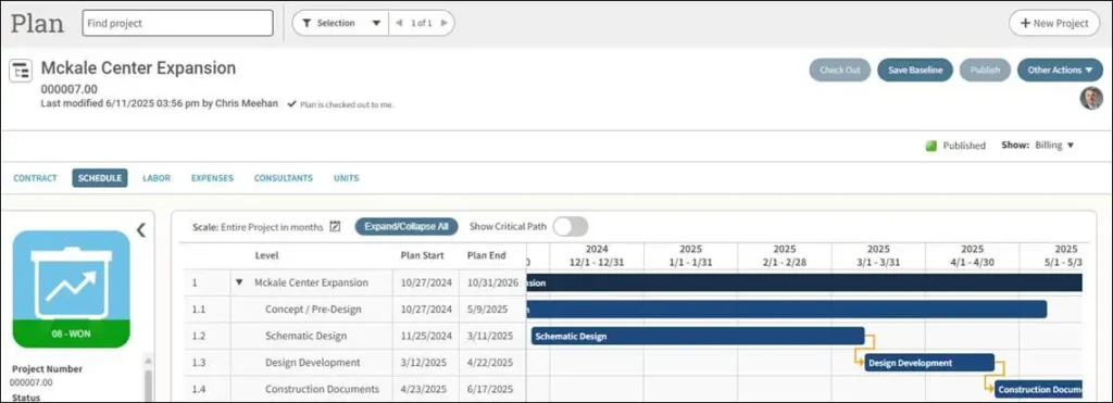 Vantagepoint Plan Sched tab dashboard for the McKale Center Expansion shows a Gantt chart with task names, dates, and progress bars for phases like schematic design and construction development.