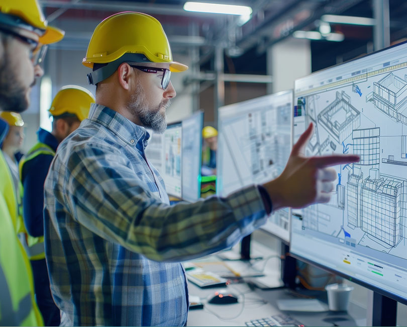 Two engineers wearing yellow hard hats and safety glasses review architectural blueprints on large computer monitors in a modern industrial office, tackling a data challenge using cloud computing as they discuss building plans with colleagues.