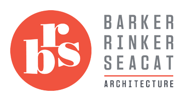 Logo for Barker Rinker Seacat Architecture with the initials "brs" in lowercase white letters inside an orange circle, and the full firm name in gray and orange text to the right.