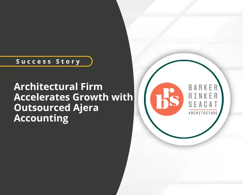 Success story banner for Barker Rinker Seacat Architecture highlights how outsourcing Ajera accounting accelerated their firm's growth, with a “Read More” button on the left and the firm's logo on the right.