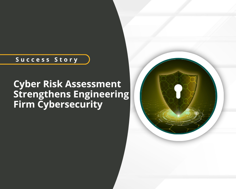 A promotional graphic with the title "Cyber Risk Assessment Strengthens Engineering Firm Cybersecurity" and a "Read More" button, alongside a cybersecurity shield on technology background.
