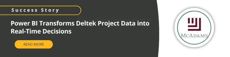 Banner with the text: "Success Story: Power BI Transforms Deltek Project Data into Real-Time Decisions." A circular logo with maroon lines and the word "McAdams" is on the right. A yellow "Read More" button is on the left.