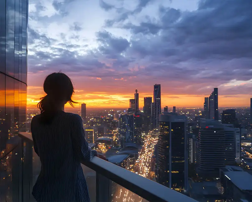 A woman stands on a balcony overlooking a city skyline at sunset. The sky is vibrant with orange and purple hues. Text reads: "Stambaugh Ness. The Unscripted Rise: Leading a Firm Through M&A.
